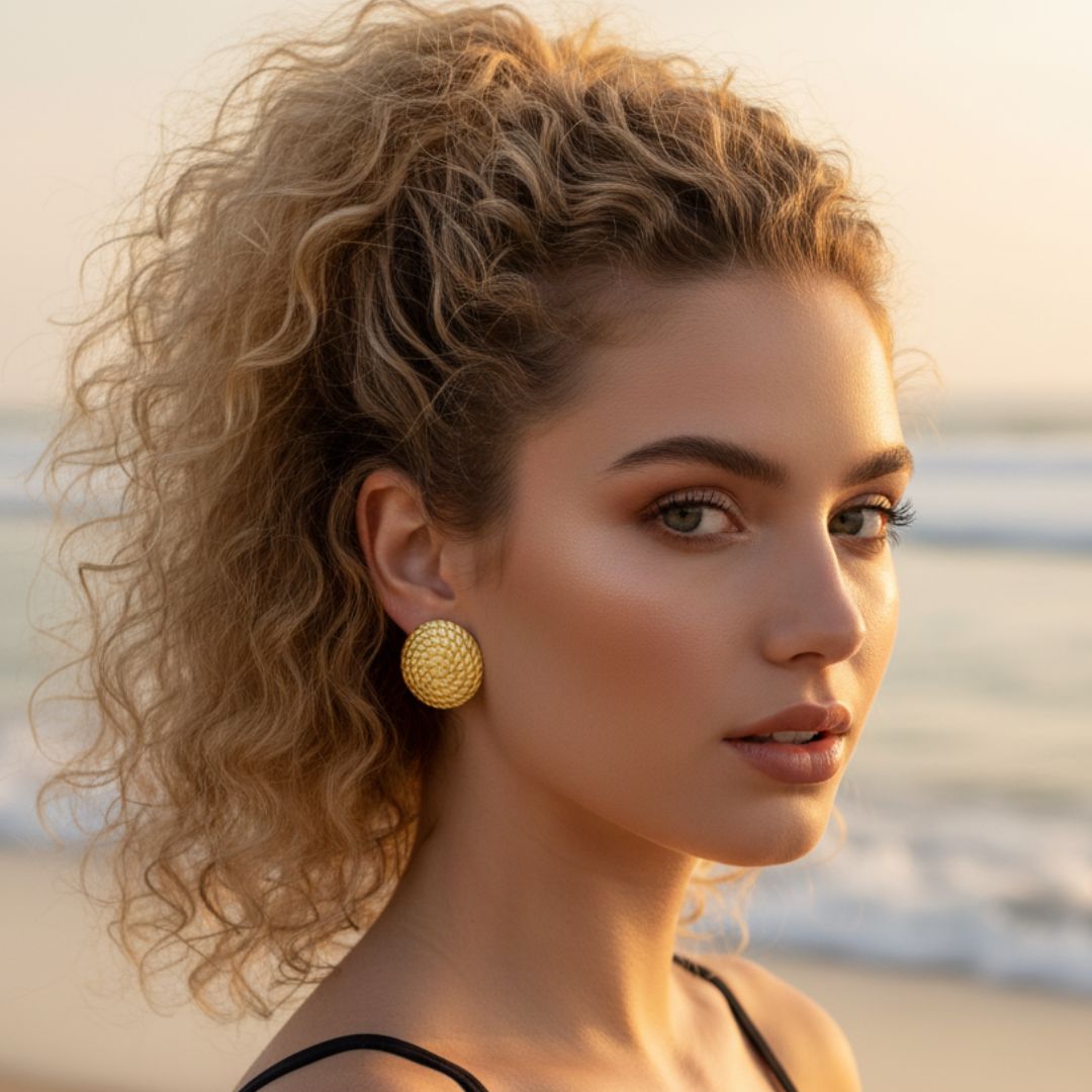 Woman with curly hair and gold earrings on a beach