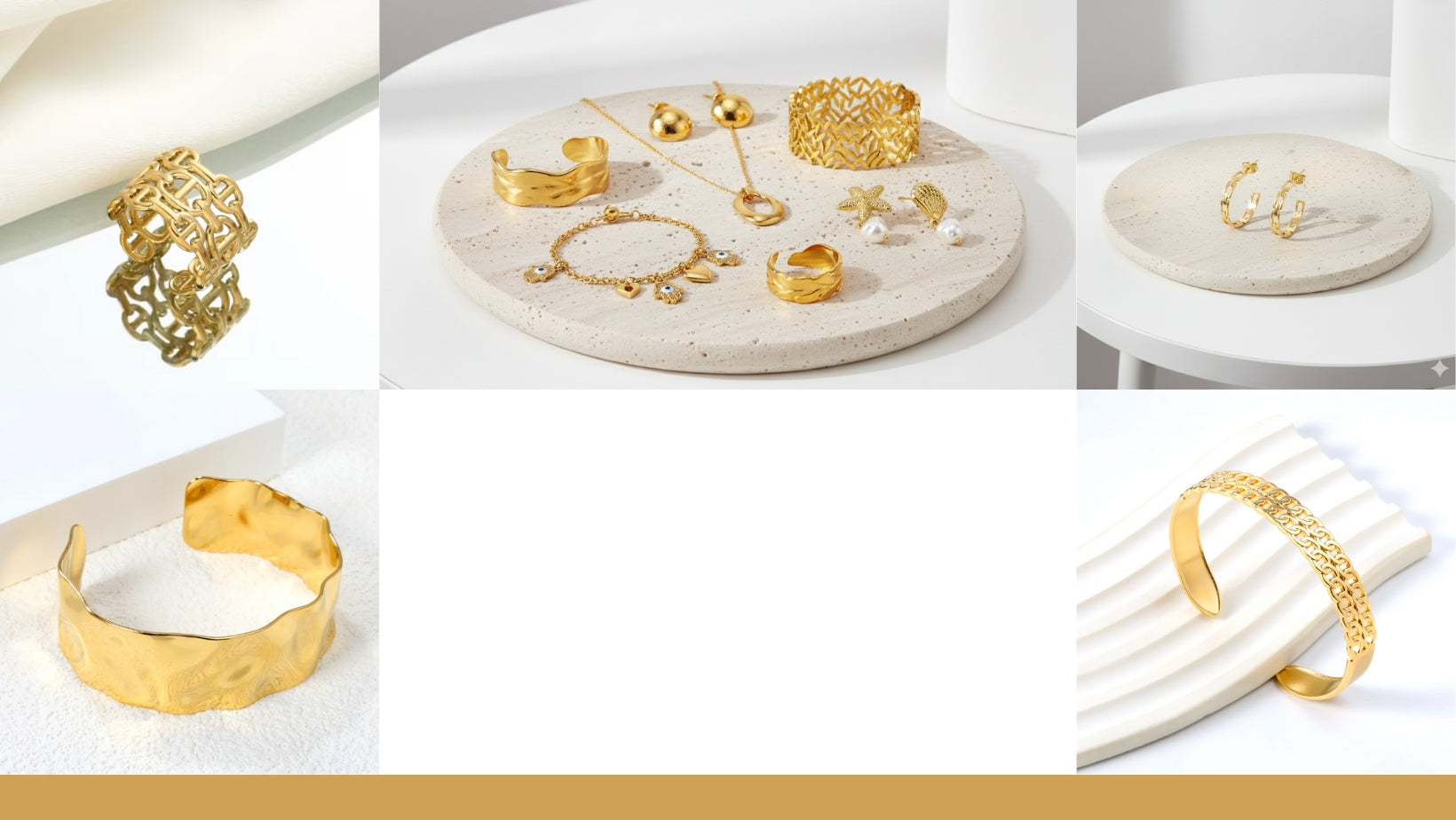 Collage of gold jewelry including rings, bracelets, and earrings on a marble surface.