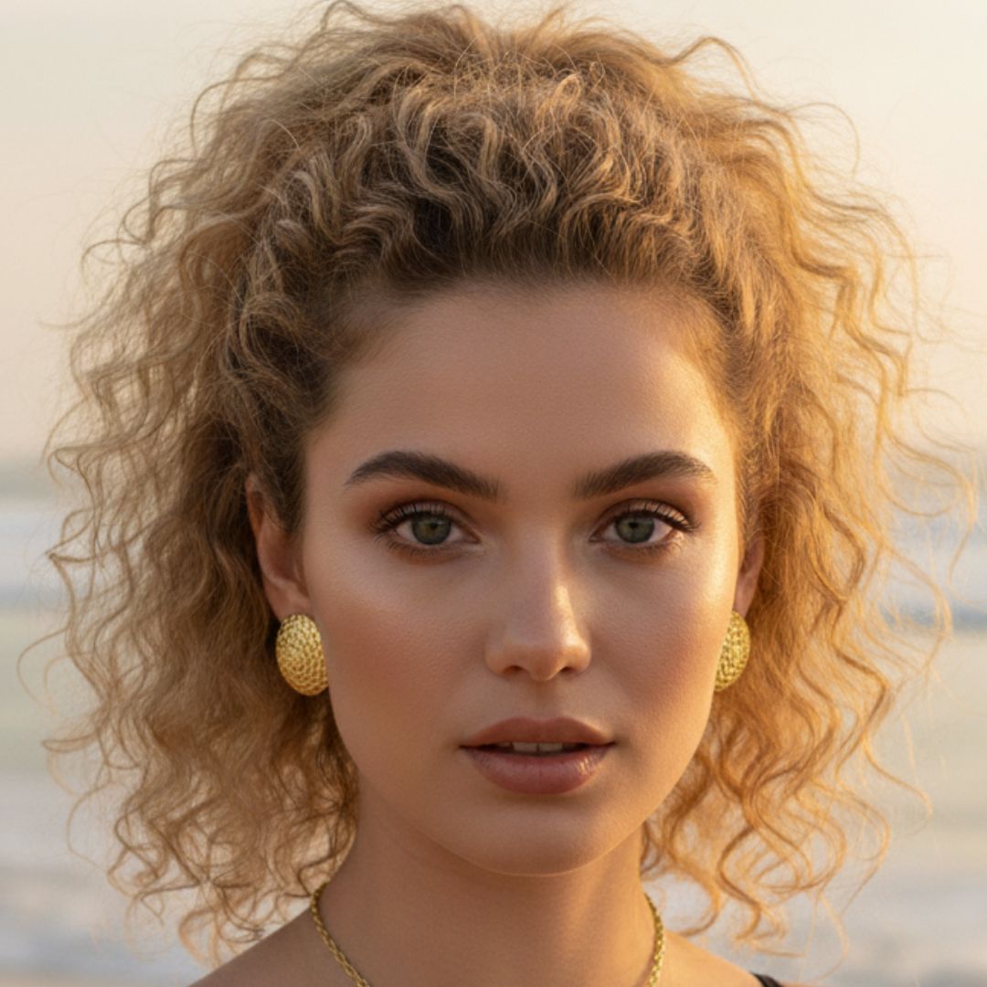 Woman with curly hair and gold earrings against a blurred natural background