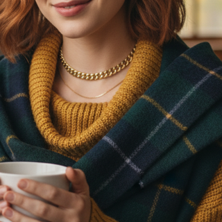 Person wearing a mustard yellow sweater and plaid scarf, holding a white mug.
