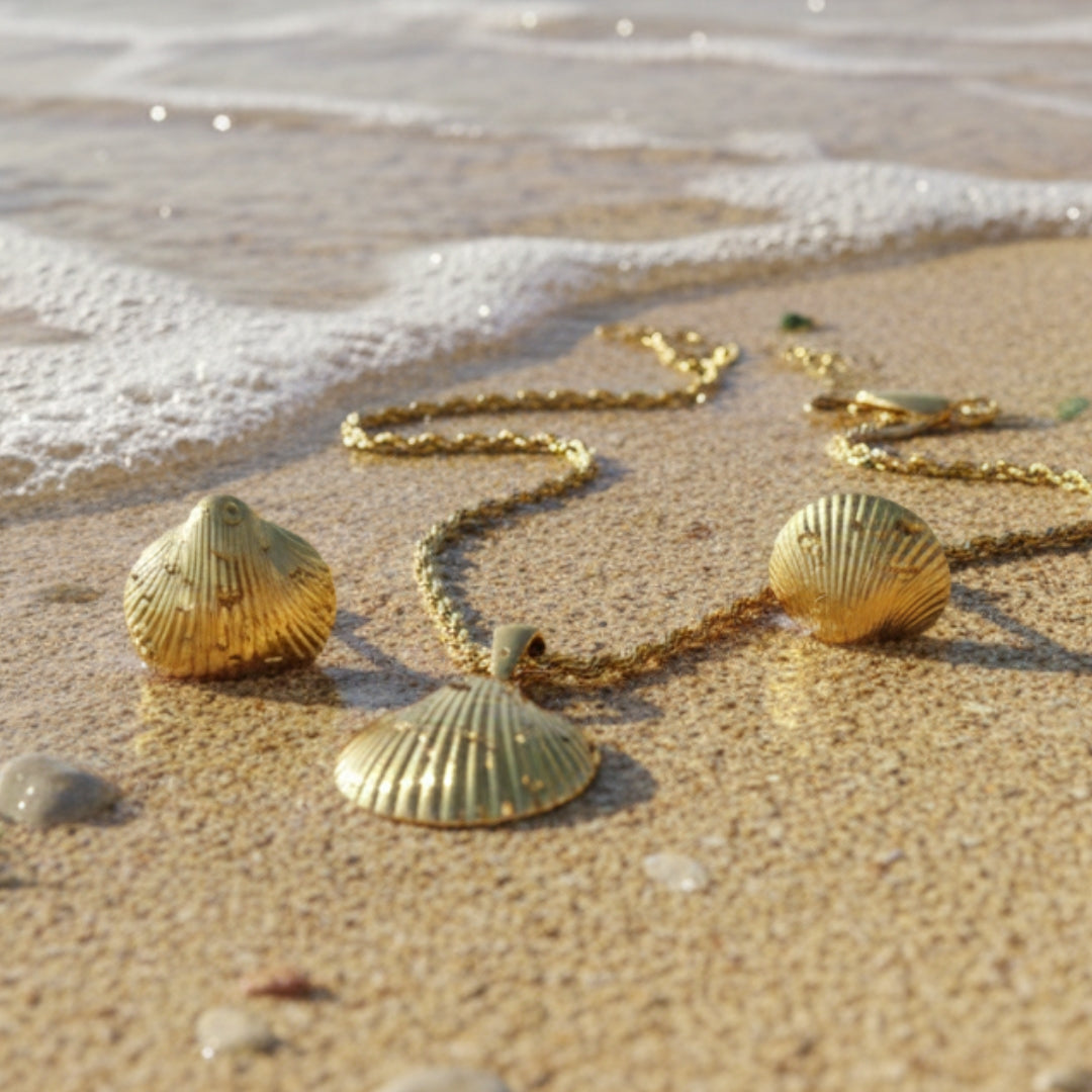 Gold necklace with shell pendants on a sandy beach