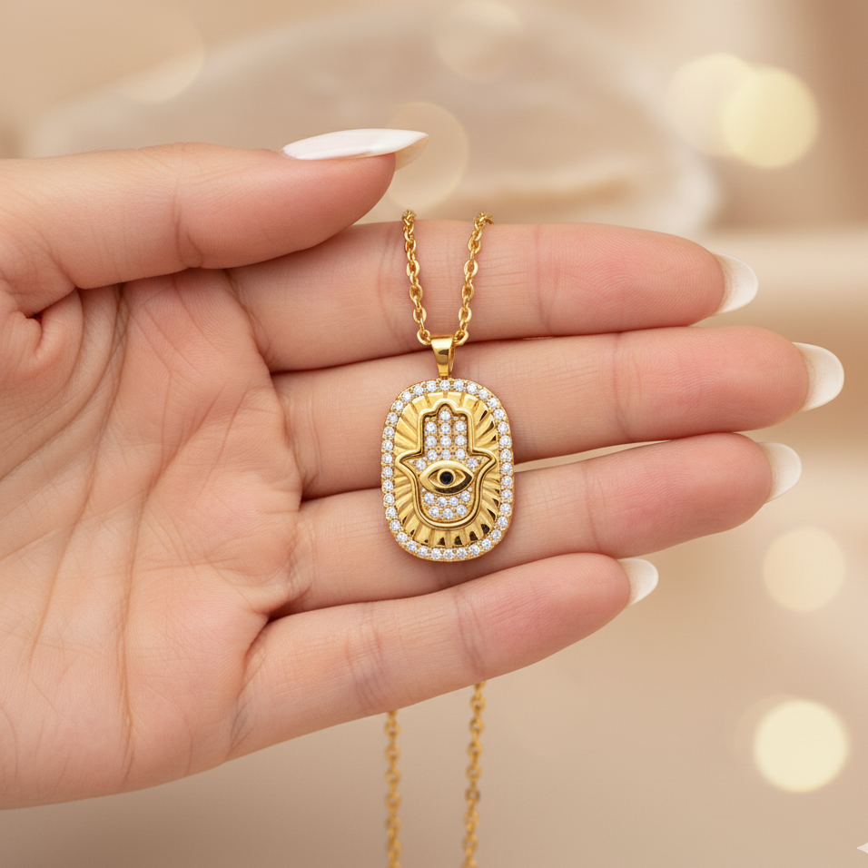 Gold necklace with a decorative pendant held in a hand against a beige background